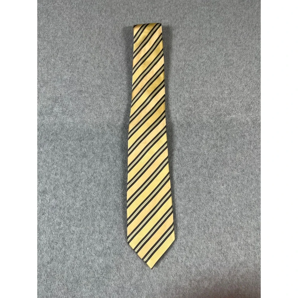Donald J Trump Signature Silk Tie Gold Navy Blue Striped Crest Hand Made